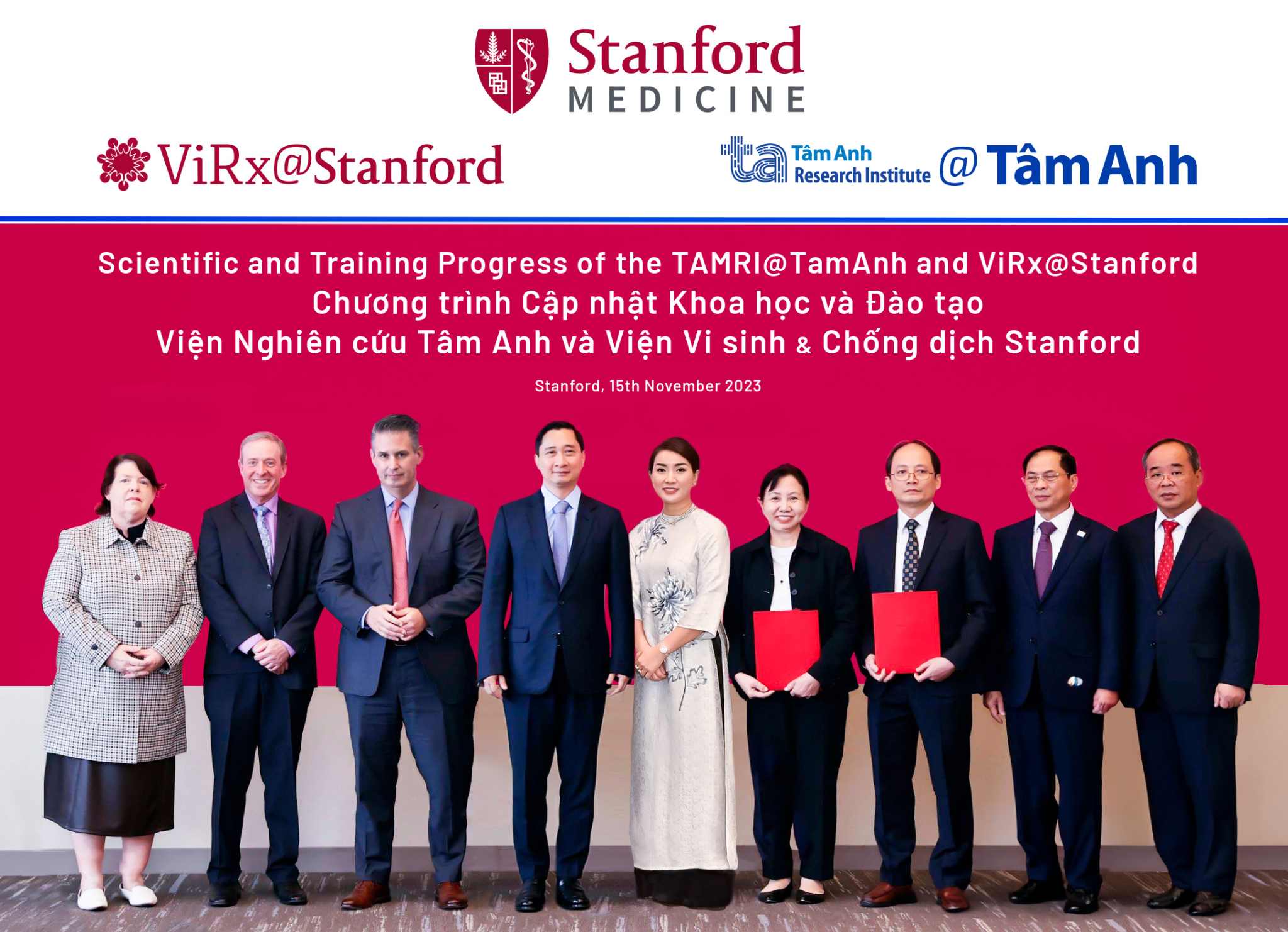 Viện Nghiên cứu Tâm Anh, Hệ thống BVĐK Tâm Anh và Viện Nghiên cứu Vi sinh và Chống dịch của Đại học Stanford trong lễ công bố hợp tác về đào tạo xét nghiệm viêm gan D vào ngày 15/11/2023. Ảnh: BVĐK Tâm Anh