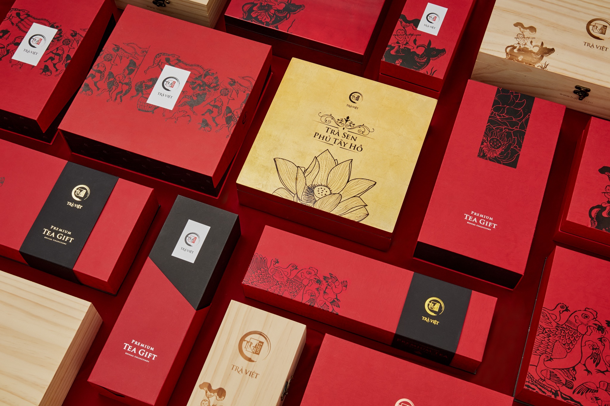 Những mẫu hộp Quà Tết sang trọng của Trà Việt, với nhiều chất liệu giấy, gỗ, thiếc, sơn mài