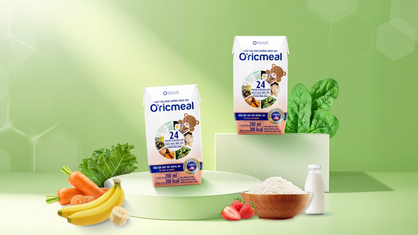 O’ricmeal là thực phẩm bổ sung dinh dưỡng cân đối cho trẻ biếng ăn. Nguồn: Orgalife.