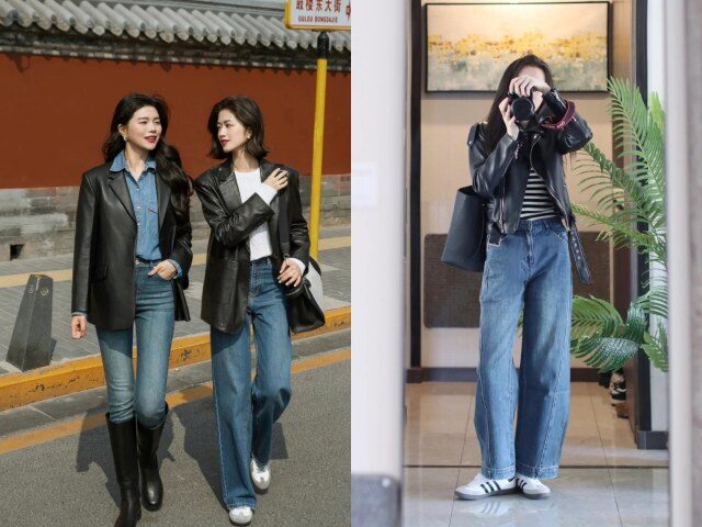 Áo da mang vibe cá tính, hiện đại. Dáng biker hoặc bomber đều hợp jeans. Chọn màu đen hoặc nâu, kết hợp boots cổ thấp để outfit nổi bật.