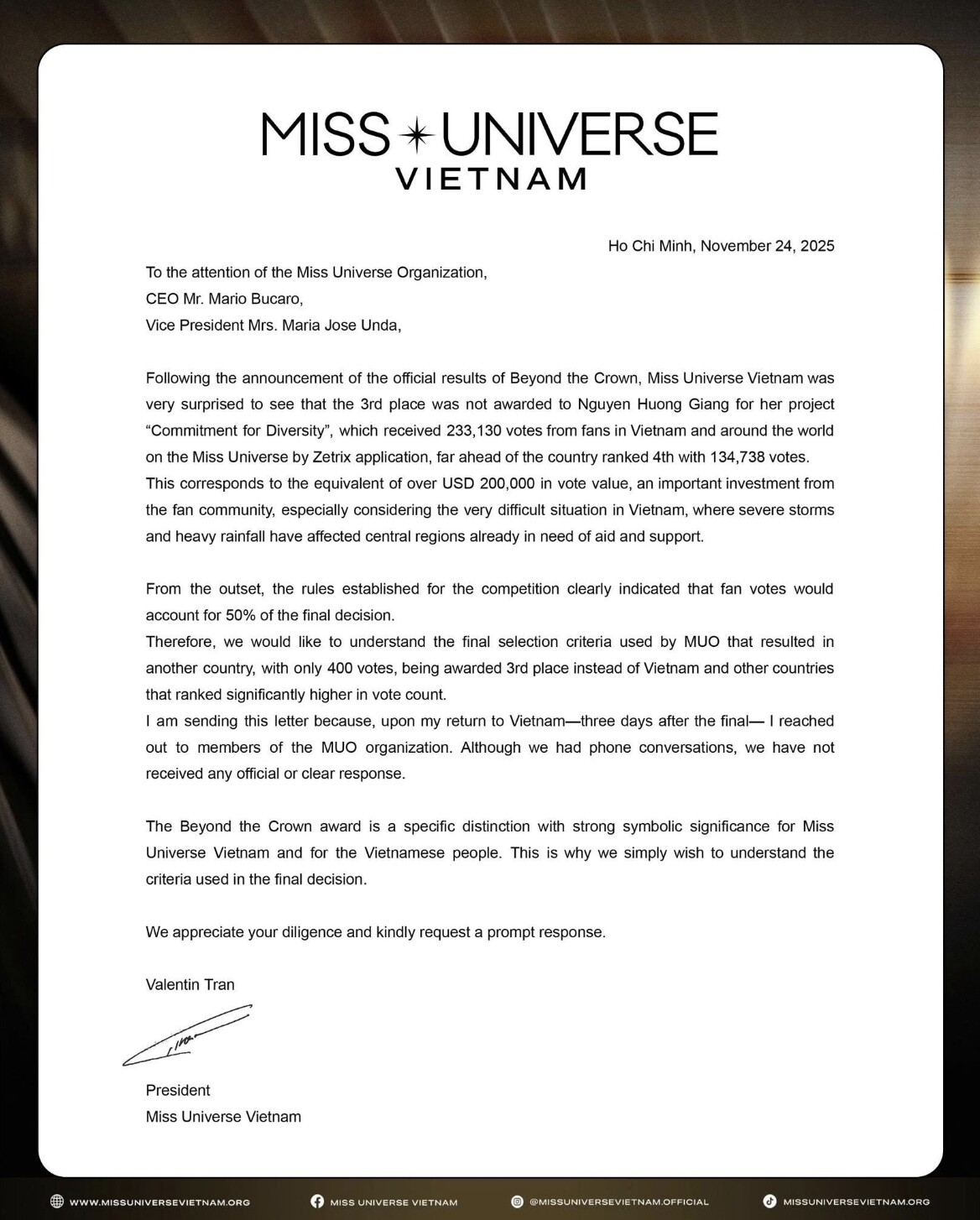 Chủ tịch Miss Universe Vietnam gửi yêu cầu làm rõ kết quả giải phụ Beyond The Crown tại Miss Universe 2025 của Hương Giang. 