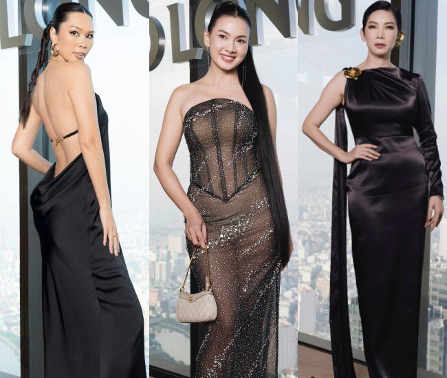 (Từ trái sang phải) Nếu như Siêu mẫu Hà Anh diện thiết kế khoe lưng trần nuột nà, Siêu mẫu Anh Thư tôn dáng nhờ váy bó sát chất liệu xuyên thấu thì Siêu mẫu Xuân Lan lại toát vẻ quyền lực.