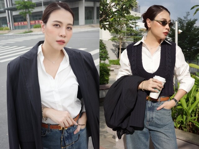 Phối cùng áo blazer hay gilet, Đàm Thu Trang biến chiếc sơ mi cơ bản thành outfit thanh lịch chuẩn “phu nhân hào môn”. Chỉ cần mix thêm quần jeans hoặc quần suông, túi da tối giản và đôi sneakers trắng, cô đã có ngay diện mạo vừa trẻ trung vừa sang trọng.