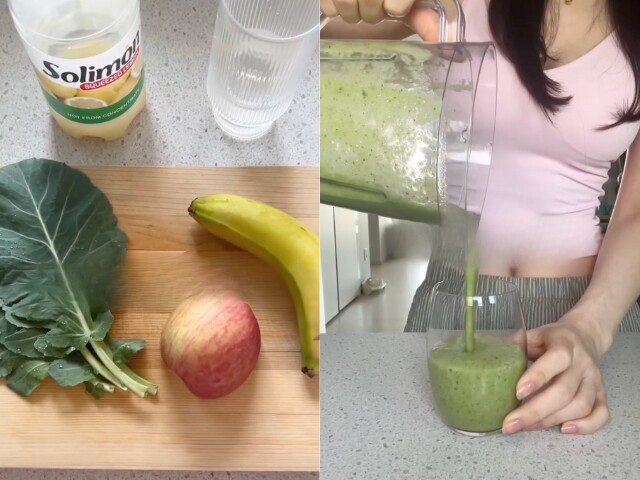 Cải kale - táo - chuối - nước cốt chanh là 4 nguyên liệu tạo nên thức uống giúp cô gái xứ Hàn giảm 3 kg.