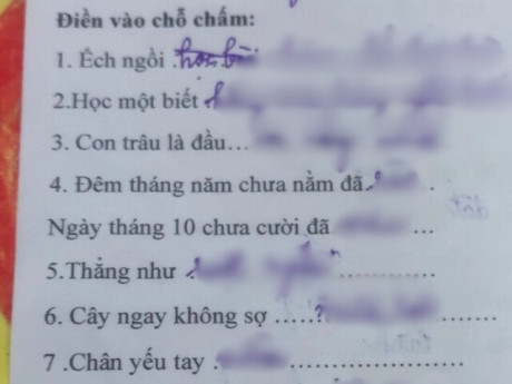 Bài tập tiếng Việt điền thành ngữ “con trâu là đầu…”, “cây ngay không sợ…” của học sinh cấp 1 khiến CĐM trầm trồ