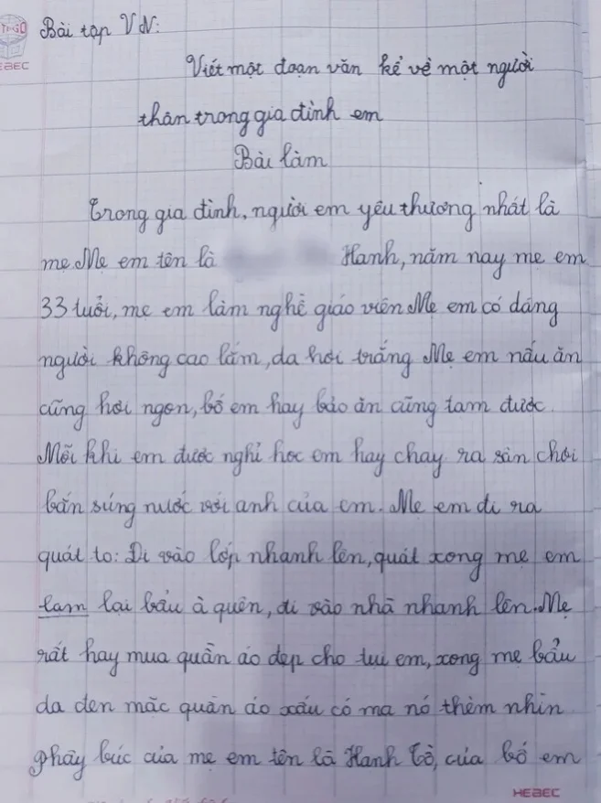 Viết văn kể về người mẹ giáo viên hay “làm nũng” với bố, bé học sinh khiến mẹ đỏ mặt - 1