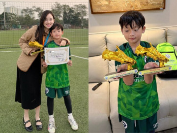 Ly Kute vác bụng bầu cùng chồng công an đến trường mừng con riêng nhận cúp, bé Khoai Tây gen giỏi bóng đá quá mạnh