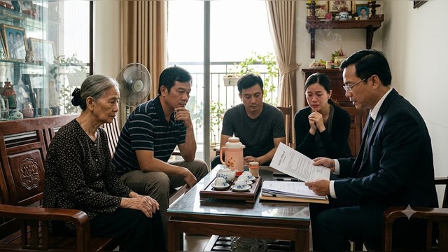 Bên bàn trà phòng khách, ba anh em lặng người nghe luật sư công bố tờ di chúc thừa kế sau một năm ngày người cha qua đời. Ảnh minh họa