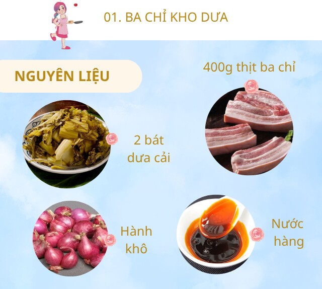 Chuẩn bị: 400g thịt ba chỉ, 250g dưa cải chua, hành khô, nước hàng, muối, nước mắm, tiêu, đường.