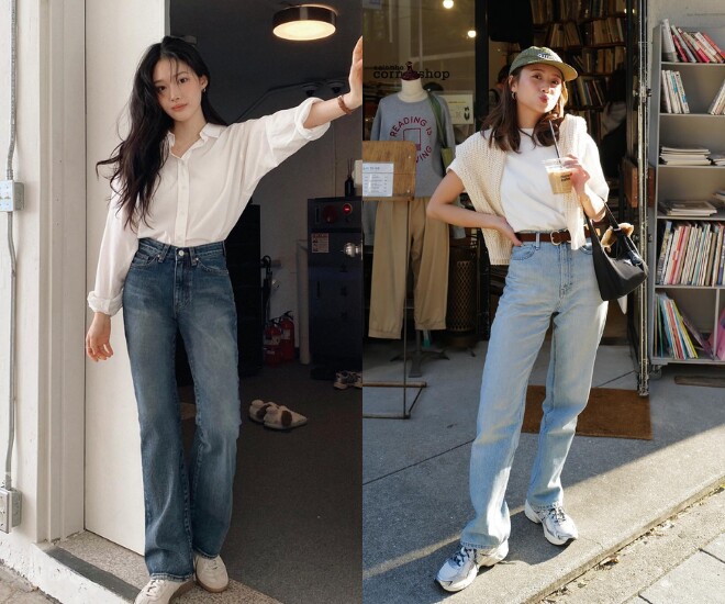 Quần jeans ống đứng giúp phụ nữ 40+ trẻ trung, tôn dáng. Chị em nên chọn thiết kế cạp cao, phối cùng áo blouse hoặc sơ mi để diện mạo thêm thanh lịch.