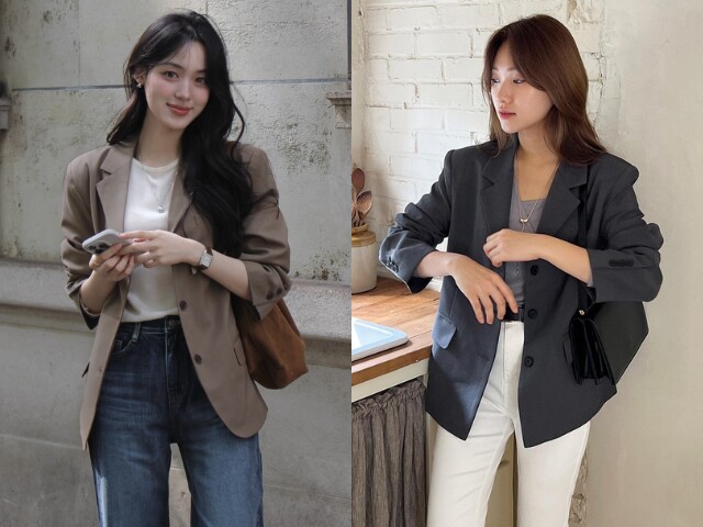 Blazer giúp outfit thêm chỉn chu, sang trọng mà không cần phối đồ cầu kỳ. Chị em nên ưu tiên phom vừa vặn, màu trung tính, kết hợp cùng quần jeans hoặc quần âu.