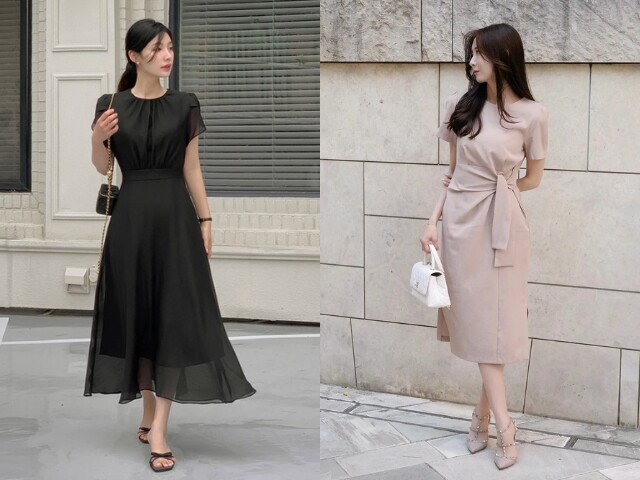 Váy liền chiết eo giúp tôn đường cong, tạo cảm giác vóc dáng gọn gàng. Chị em nên chọn thiết kế dài qua gối, màu sắc trang nhã, kết hợp giày slingback để tăng vẻ sang trọng.