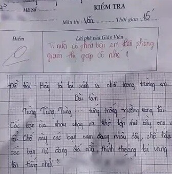 Bài văn của học sinh khiến cô giáo yêu cầu lên phòng giám thị.