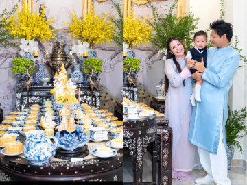 Sinh con với đồng nghiệp, diễn viên Ngọc Ánh tổ chức tiệc thôi nôi đậm chất hoàng gia, nhìn mâm cúng hội mẹ bỉm tròn mắt