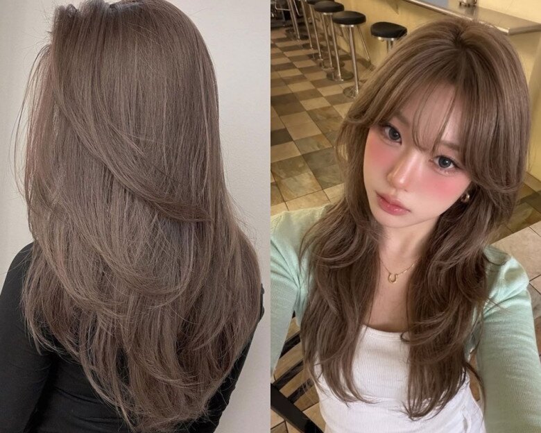 Nâu xám trà sữa dung hòa nền nâu với ánh ghi lạnh, tạo cảm giác mềm mại nhưng vẫn có chiều sâu. Sắc màu này giúp diện mạo phụ nữ 30+ trông sáng và hiện đại hơn mà không cần thay đổi quá táo bạo.