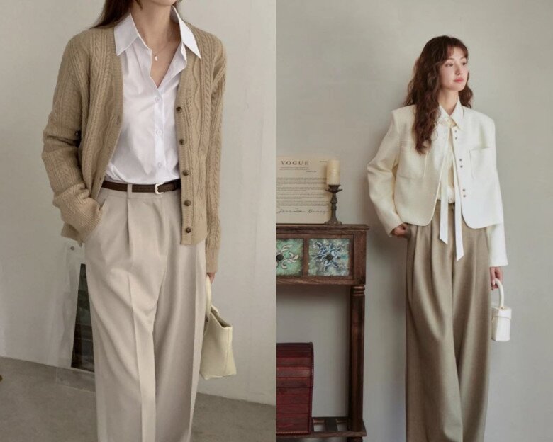 Sơ mi gam màu trung tính giúp bản phối layer công sở thêm thanh lịch.