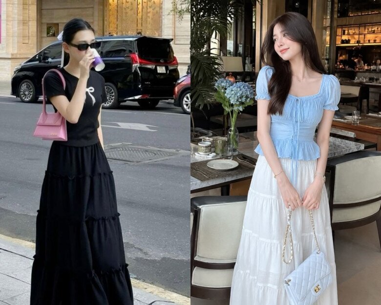 Chân váy dài cạp cao mix cùng áo cách điệu giúp định hình vòng eo, tạo hiệu ứng đôi chân dài hơn. Phom chữ A hoặc dáng suông nhẹ mang đến vẻ mềm mại, phù hợp với phong cách old money.
