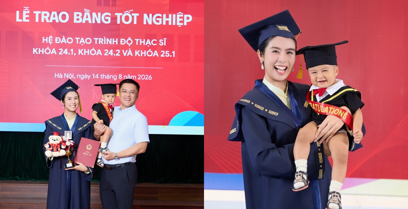 Chồng và con Hoa hậu Việt Nam 2010 cùng chung vui trong ngày cô nhận bằng thạc sĩ.