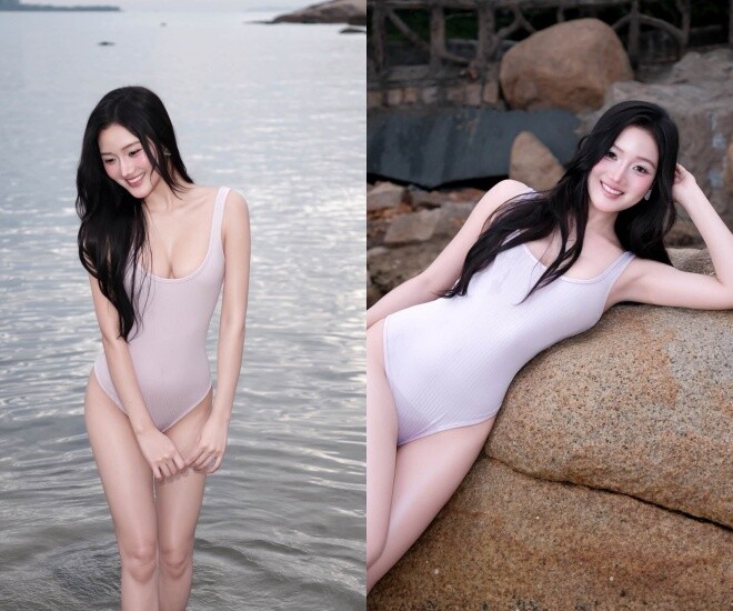 Á hậu Phương Thanh khoe sắc vóc nổi bật với thiết kế đồ bơi gam màu nhã nhặn.
