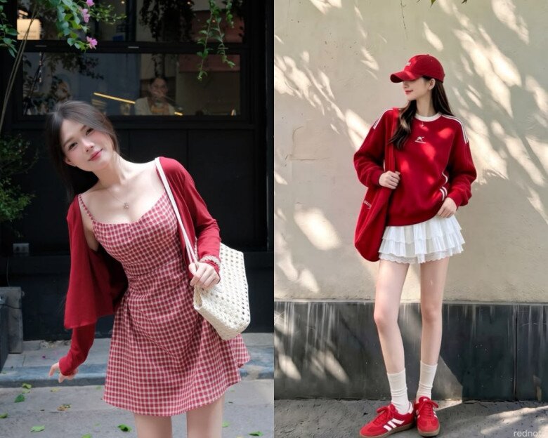 Một chiếc áo hoodie đỏ phối cùng chân váy màu trắng mang đến diện mạo nổi bật mà vẫn dễ ứng dụng trong đời thường. Với những dịp cần vẻ ngoài nữ tính hơn, váy đỏ dáng midi kết hợp cùng giày cao gót thấp hoặc boots sẽ là lựa chọn đáng thử.
