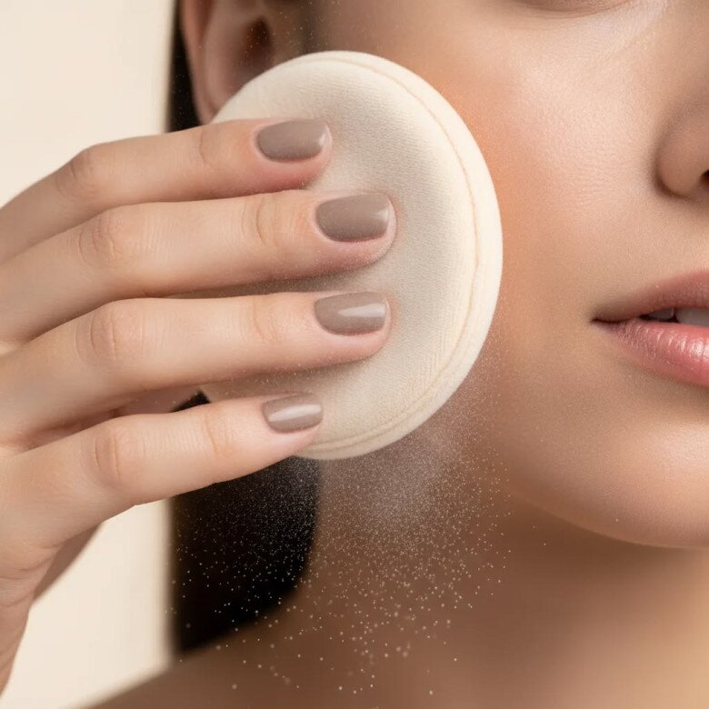 Dùng cọ lấy lượng phấn phủ vừa đủ, tập trung dặm nhẹ ở vùng chữ T để hạn chế bóng dầu mà vẫn giữ lớp nền mịn màng.